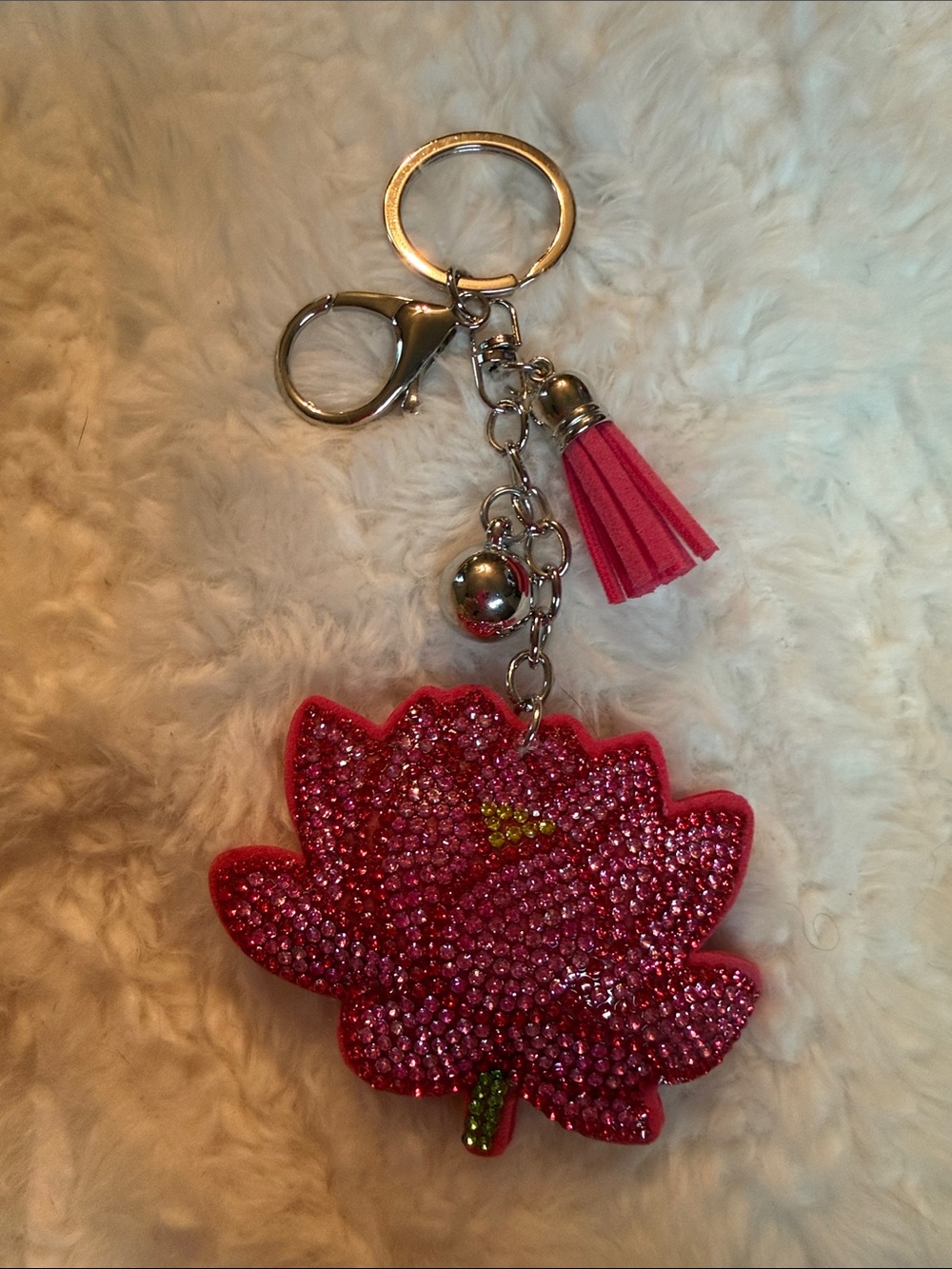 Pink Rhinestone Lotus Keychain with Tassel Bag Charm